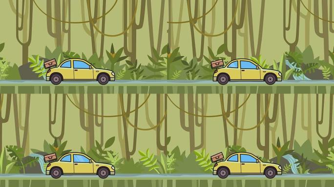 动画轿跑车，后引擎盖上有行李，穿过雨林。在丛林和河流背景上移动掀背车。平面动画。