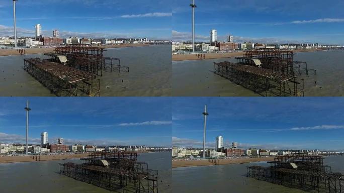 布赖顿英国西码头的4k空中拍摄揭示了i360英国观察塔