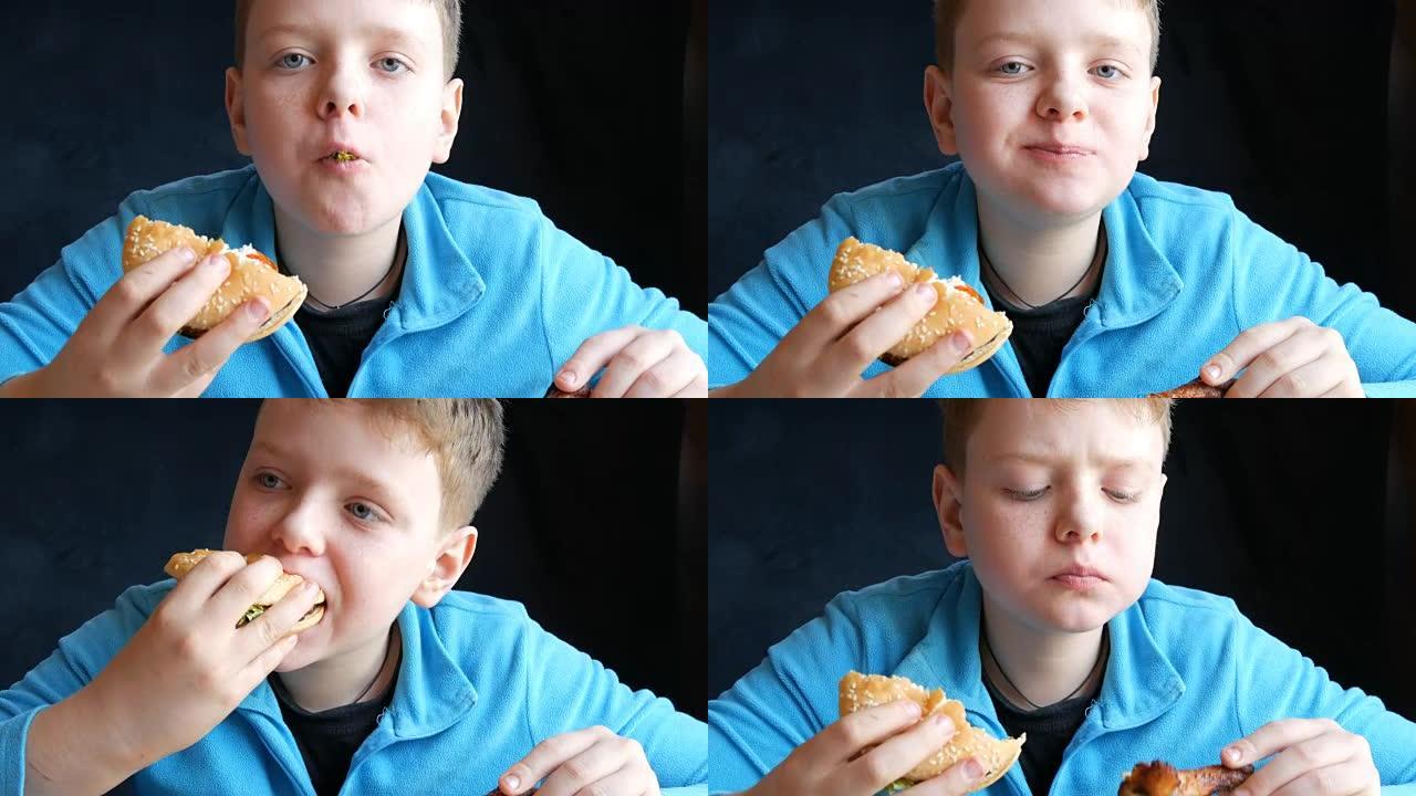 一个蓝眼睛的帅哥少年在快餐店里交替吃汉堡和肥腻的炸鸡翅，看着相机