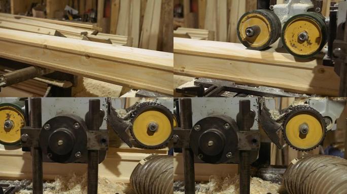 锯木厂的木块滑出木匠接合机