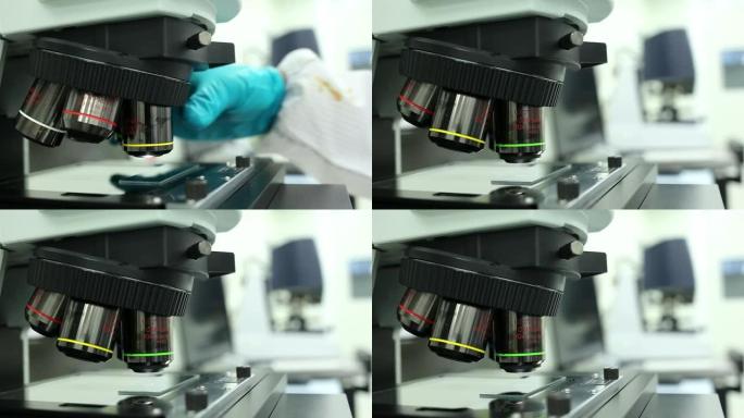 研究人员在实验室使用显微镜