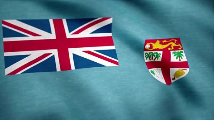 斐济国旗在慢动作经典国旗在大风天升起的太阳下顺风吹拂。斐济国旗挥舞动画