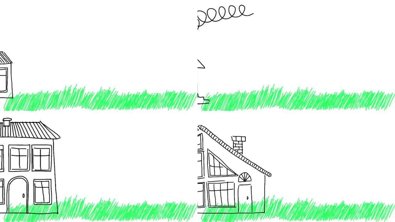 白色背景上的数字手绘房屋的循环动画。房地产的概念。涂鸦动画素描