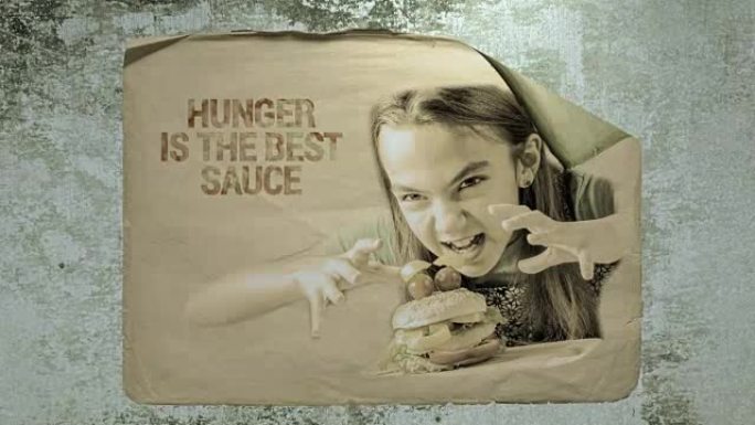 水泥墙上的旧纸广告，上面贴着一个女孩的肖像，上面放着汉堡包和铭文衣架，是最好的调味料。模仿相机抖动和