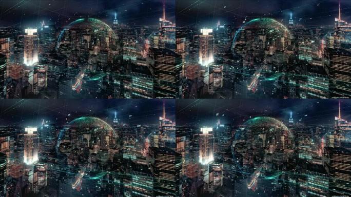 全球商业全息图的数字动画。在摩天大楼的背景下，全息渲染地球。业务流程和通信、技术、连接图示