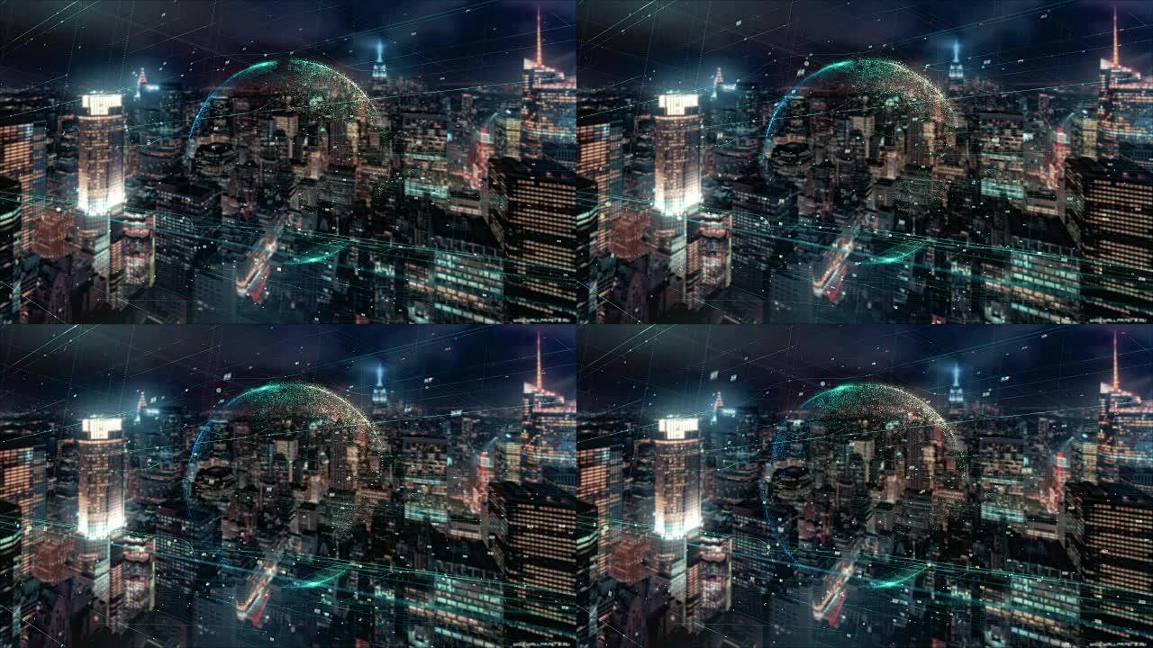 全球商业全息图的数字动画。在摩天大楼的背景下，全息渲染地球。业务流程和通信、技术、连接图示
