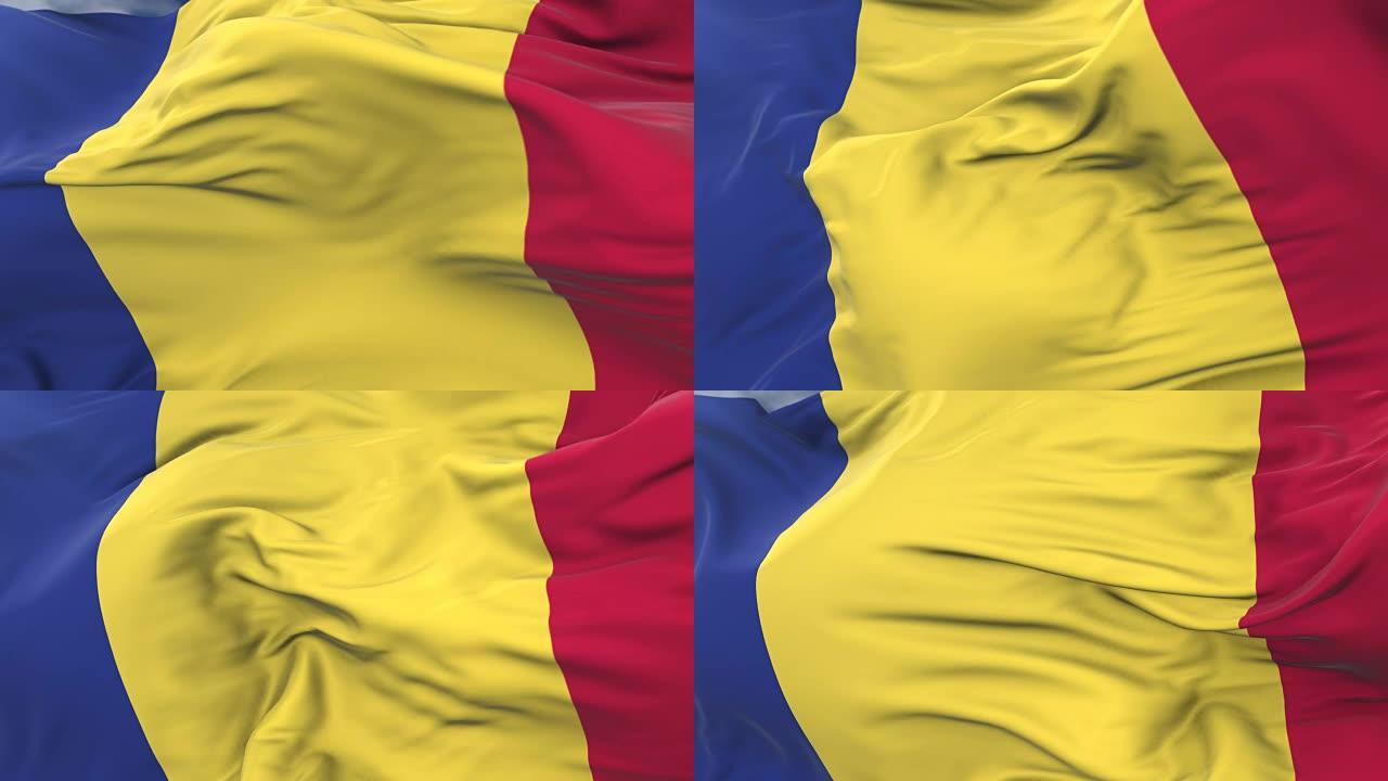 罗马尼亚国旗在蓝色的天空中缓慢飘扬，循环