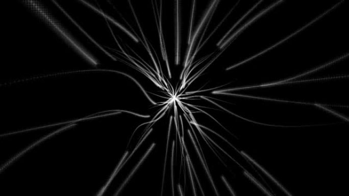 抽象黑白流从中心移出黑色背景运动视频。动线艺术概念。