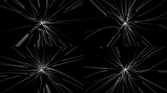 抽象黑白流从中心移出黑色背景运动视频。动线艺术概念。