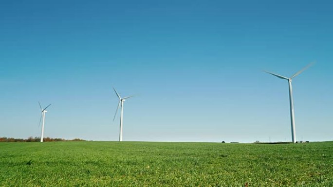 农村地区的几台工业风力发电机。替代能源。4K 10位视频