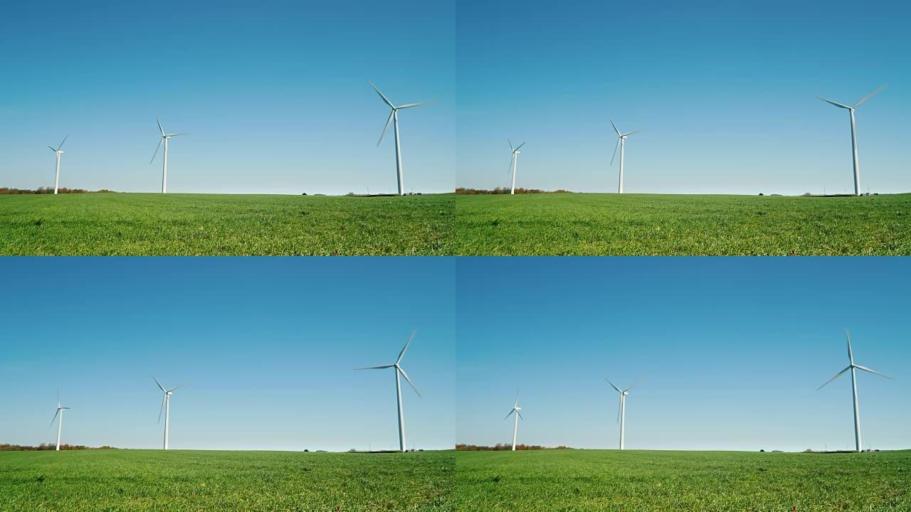农村地区的几台工业风力发电机。替代能源。4K 10位视频