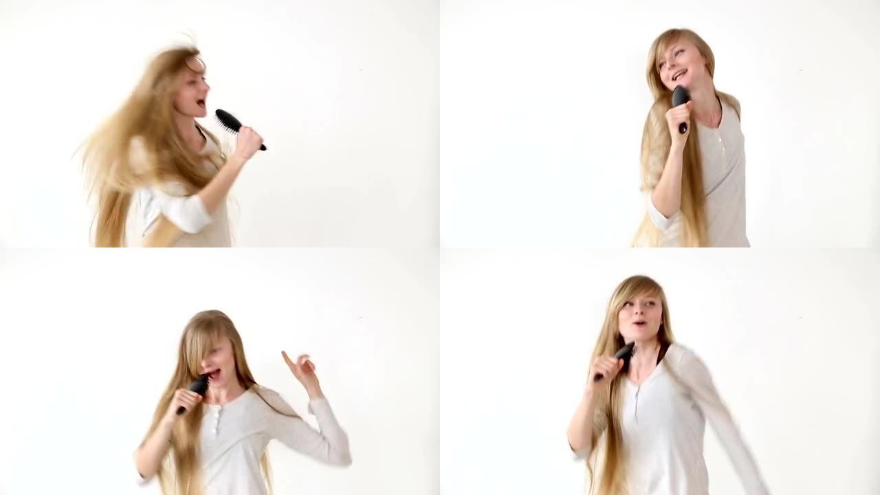 开朗迷人的少女唱着像白色背景上的麦克风一样拿着梳子的歌。