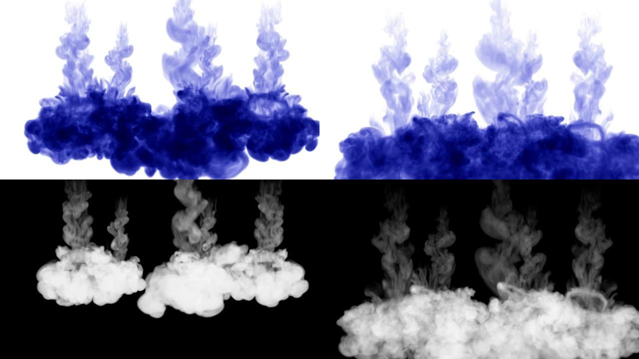 白色背景上的许多深蓝色墨水流从上到下依次溶解在水中。侧视图。作为阿尔法通道使用亮度哑光