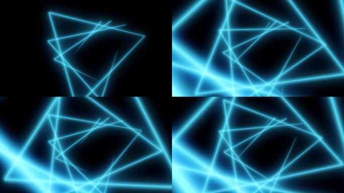 霓虹三角形的抽象背景。无缝循环。霓虹灯三角电动技术灯。带有网格的蓝色和粉红色激光束。无缝回路