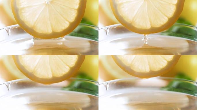 在蜜罐中缓慢浸入柠檬片的宏观慢动作镜头