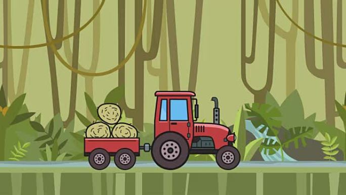 充满干草的手推车在雨林中骑行的动画拖拉机。在热带丛林和河流背景上移动农用车。平面动画。