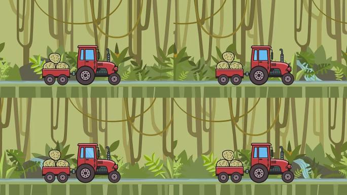 充满干草的手推车在雨林中骑行的动画拖拉机。在热带丛林和河流背景上移动农用车。平面动画。