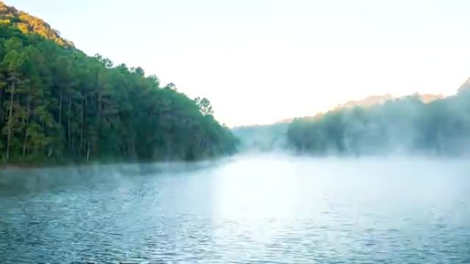 泰国湄宏顺省庞翁林业种植园的雾在湖上流动，人们乘坐竹船
