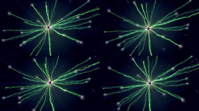 网络连接爆炸绿色等离子霓虹云抽象背景动画-新动态技术运动七彩视频素材