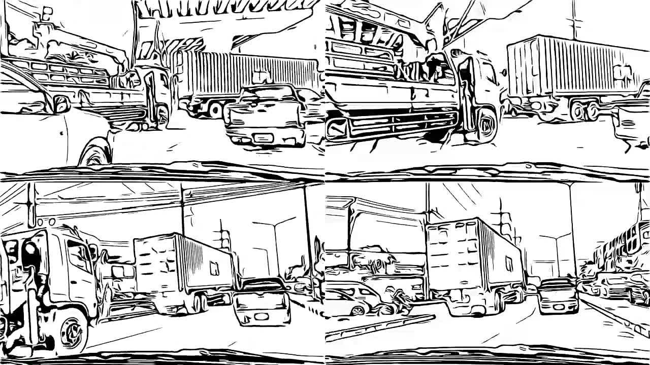 动画卡通素描，道路上的交通