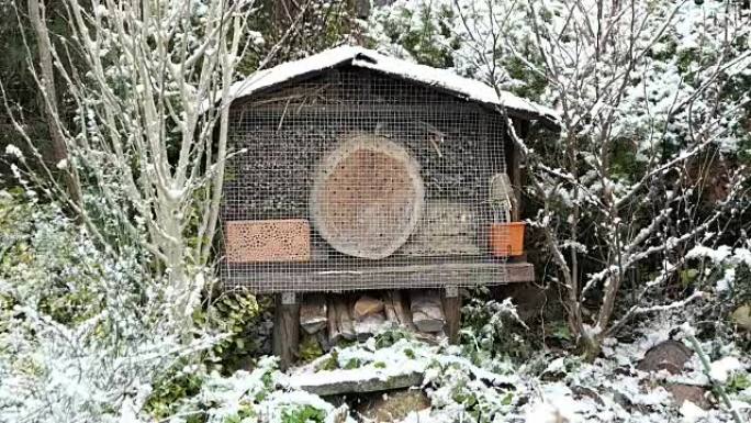 冬季野生蜂虫酒店。花园里下雪。