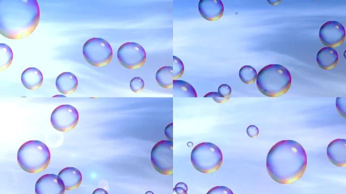 肥皂泡在阳光下在多云的天空背景上飞舞。