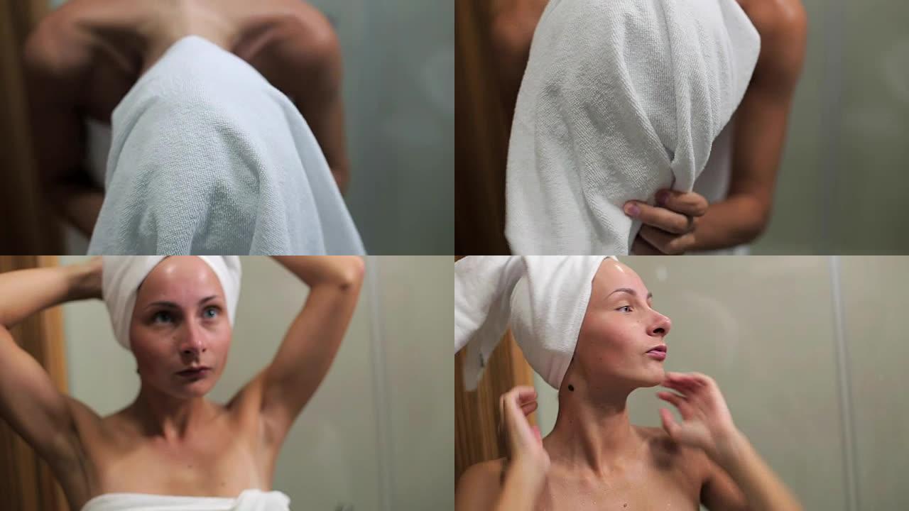 女人在附近用毛巾擦拭头发
