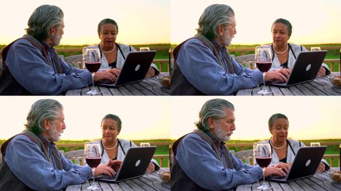 高级夫妇用笔记本电脑一起工作，品尝葡萄酒。