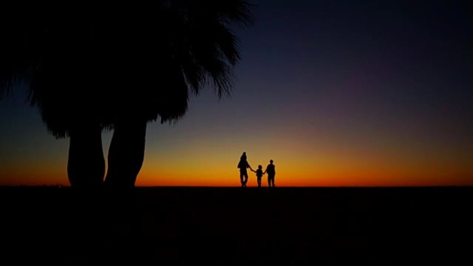 海滩上可爱的家庭。五颜六色的日落，奢华的棕榈树