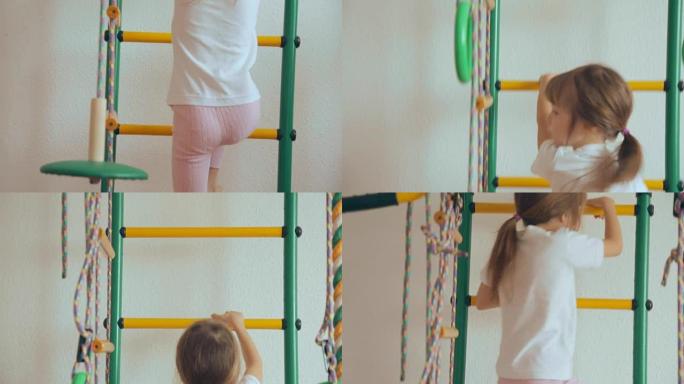 Young girl climbing up and down gymnastic complex