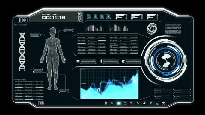 4k动画用户界面，带有身体扫描数据HUD pi栏文本框表和深色抽象背景上的元素，用于未来技术概念