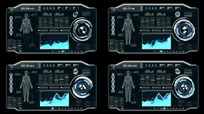 4k动画用户界面，带有身体扫描数据HUD pi栏文本框表和深色抽象背景上的元素，用于未来技术概念