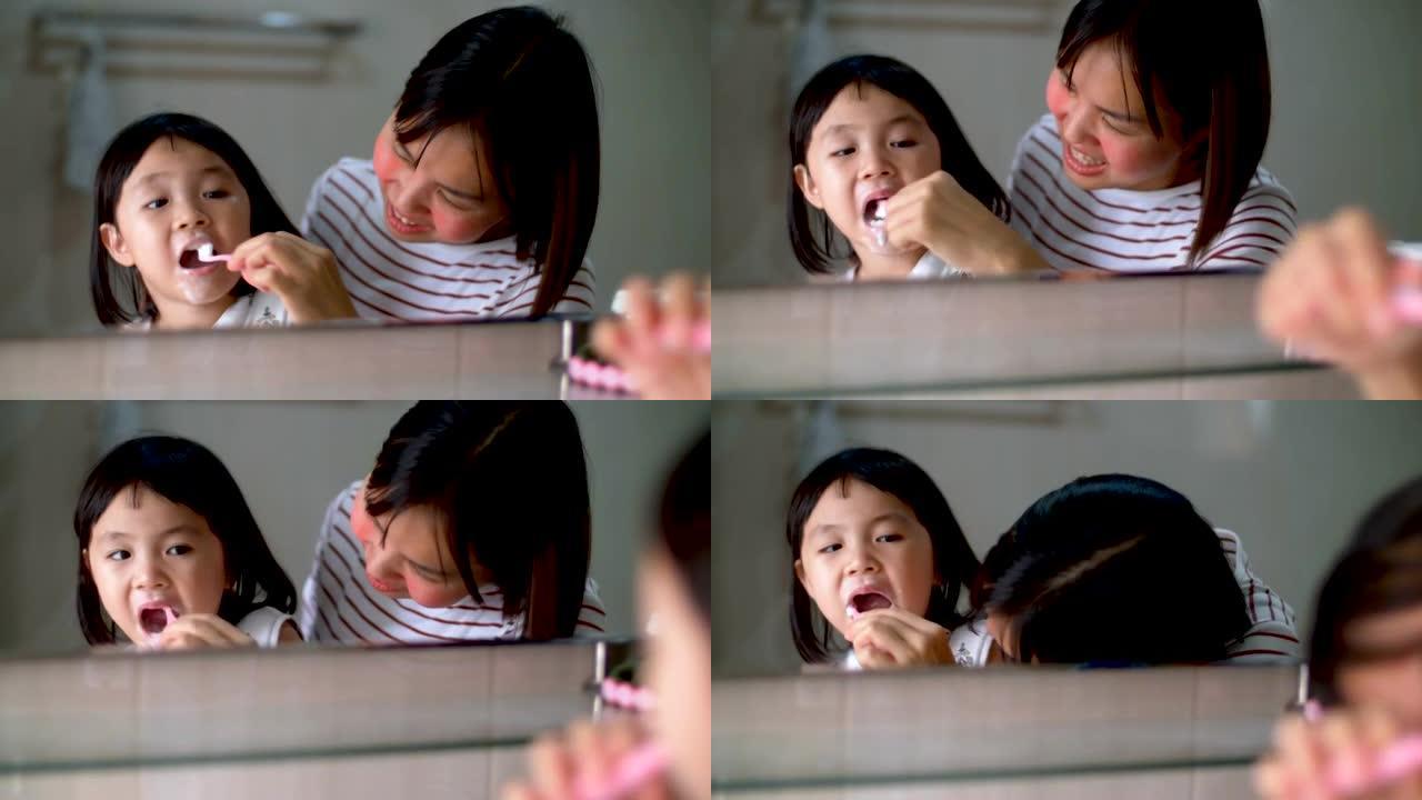 小女孩在浴室努力刷牙