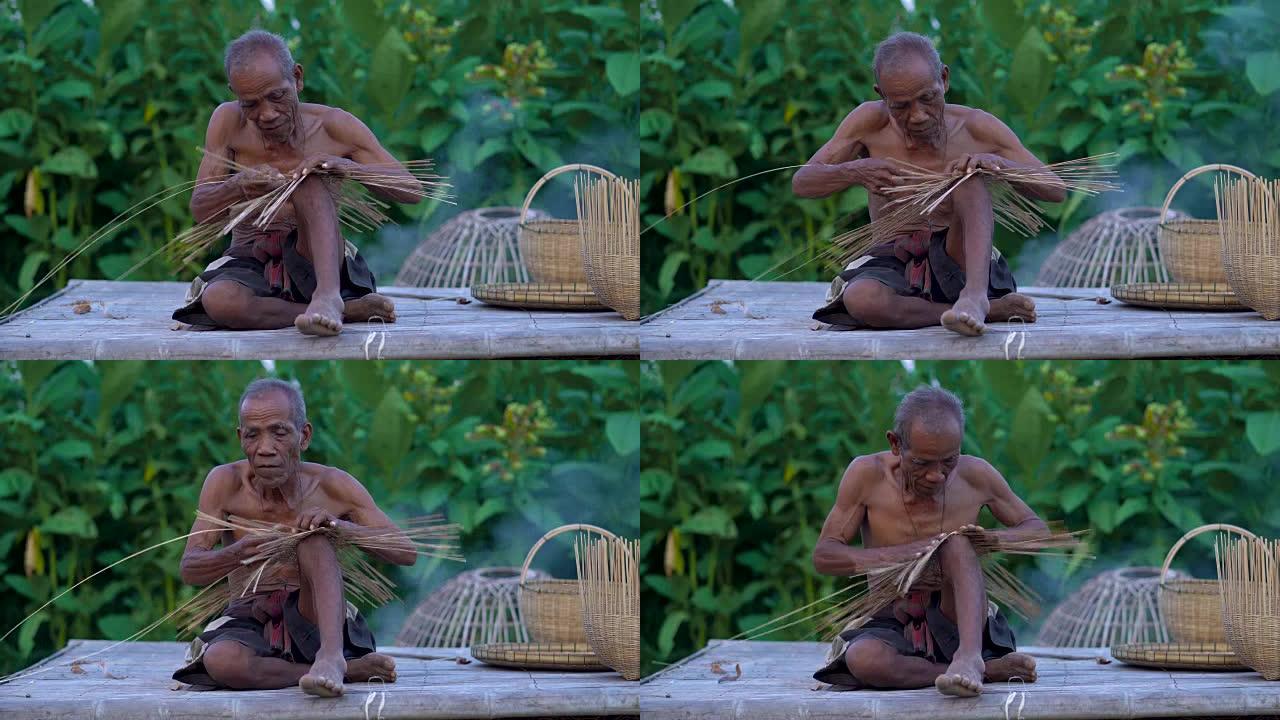 老人和竹子工艺，泰国当地人的生活方式