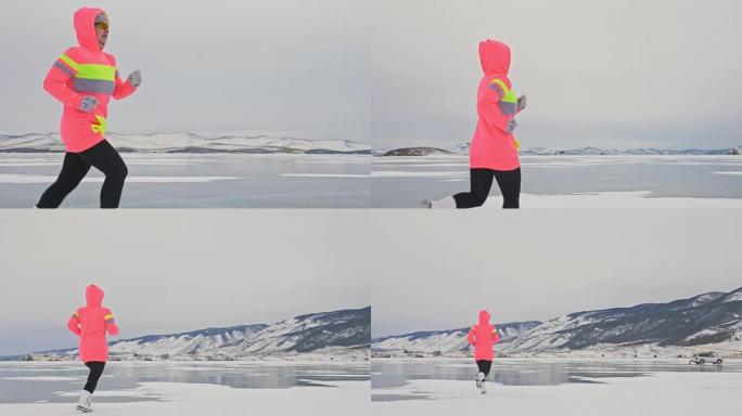 冬天在冰上跑步的女人是在田径比赛中做运动。女孩在冬天在冰上训练。运动北欧力量步行运动员为运动比赛做准
