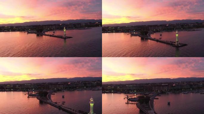 Aerial view of beautiful night of Geneva old city