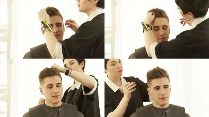 发型师在美发沙龙中剪发和干燥后进行男性发型设计。美容工作室理发后专业发型