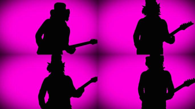 帽子里的酷摇滚吉他手正在粉色背景上弹奏电吉他。