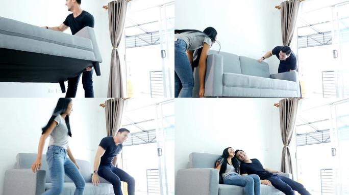 年轻夫妇互相帮助在家里搬沙发。人们的生活方式概念。4k分辨率。