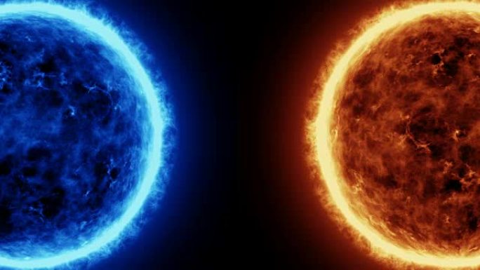 4k逼真的太阳和带有太阳耀斑的蓝色太阳表面，太阳的燃烧隔离在黑色上，并为您的文字或徽标留出空间。运动