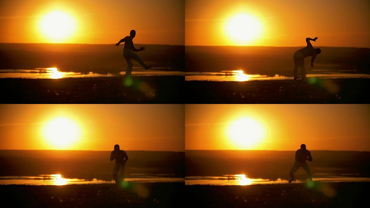 战士在跳跃中完成了魔术，河上的橙色夕阳，慢镜头