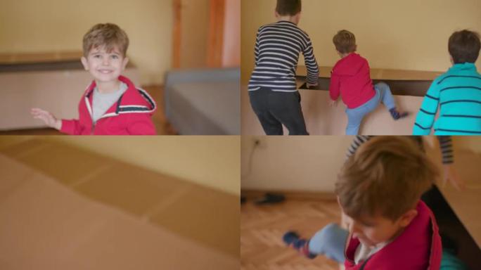 Children playing with cardboard box, handheld shot