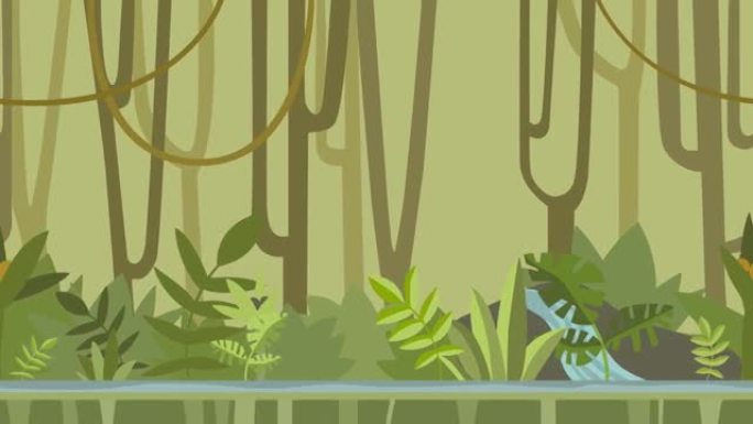 动画背景。绿色丛林森林与河流。平面动画，视差。镜头。