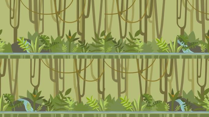 动画背景。绿色丛林森林与河流。平面动画，视差。镜头。