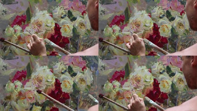 艺术工作室画布上人类手绘静物画的特写