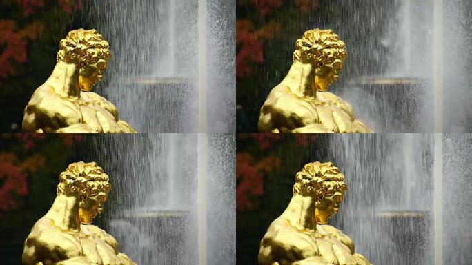 俄罗斯圣彼得堡彼得霍夫公园的金色参孙雕像喷泉