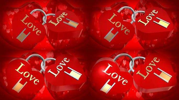 情人节用两个带有爱字的心形红色挂锁，两个跳动的红色3D心脏和移动的心形颗粒在背景中