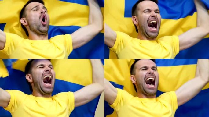 瑞典球迷在慢动作中举着瑞典国旗庆祝，4k，高品质