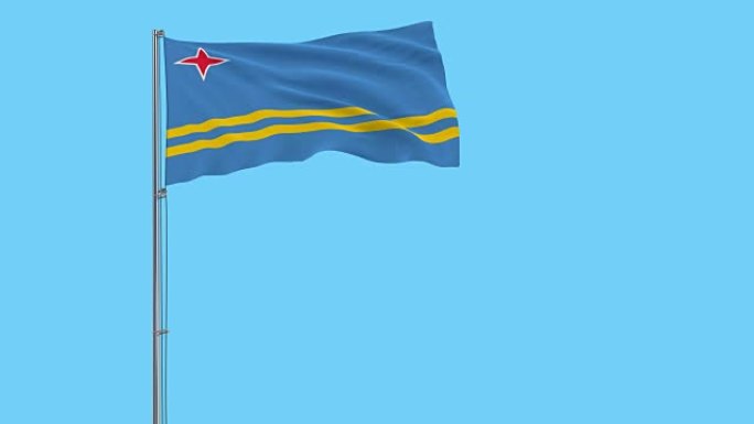 在蓝色背景上随风飘扬的旗杆上隔离阿鲁巴的旗帜，3d渲染