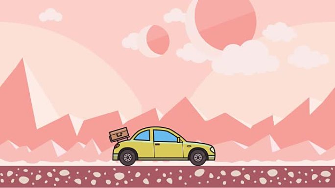 动画轿跑车，后引擎盖上有行李，穿过外星人粉红色的沙漠。在蒙丹沙漠背景上移动掀背车。平面动画。